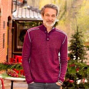 Sundance Highland Stitch Henley Burgundy Long Sleeve Pullover Sweater Size Large